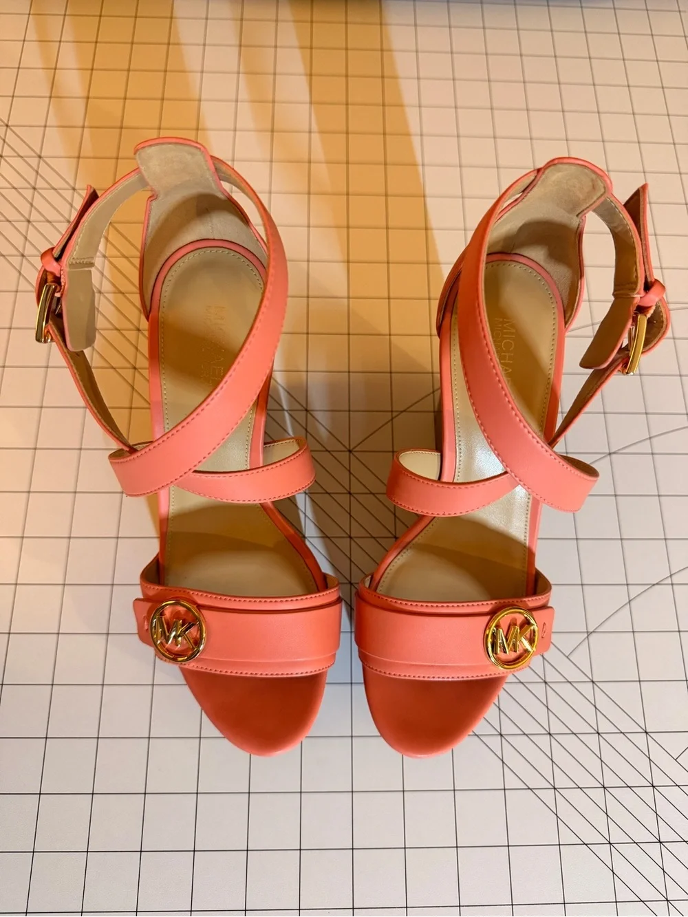 Michael Kors Coral Pink Wedge Sandals with Gold Buckle